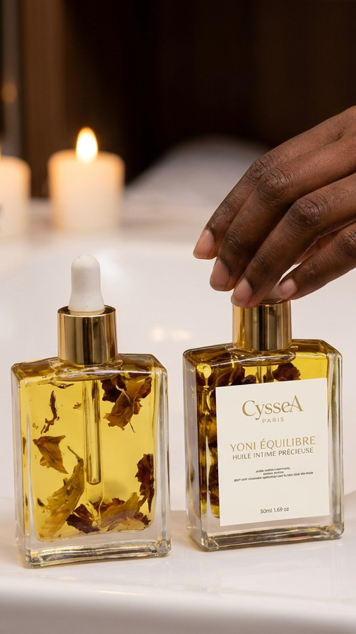 Yoni Secret Oil, plantes apaisantes camomille, framboisier, lavande et tea tree